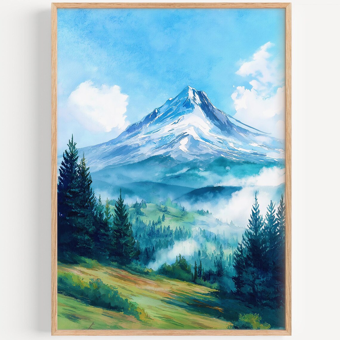 Mount Hood Oregon Snow Capped Mountain Pine Forest Watercolor Poster