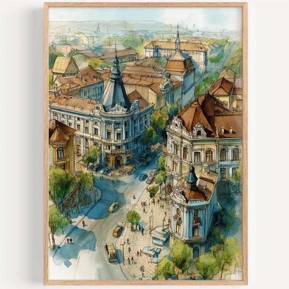 Chisinau Watercolor Painting Wall Art Print Europe Travel Poster Moldova Decor Illustration Home
