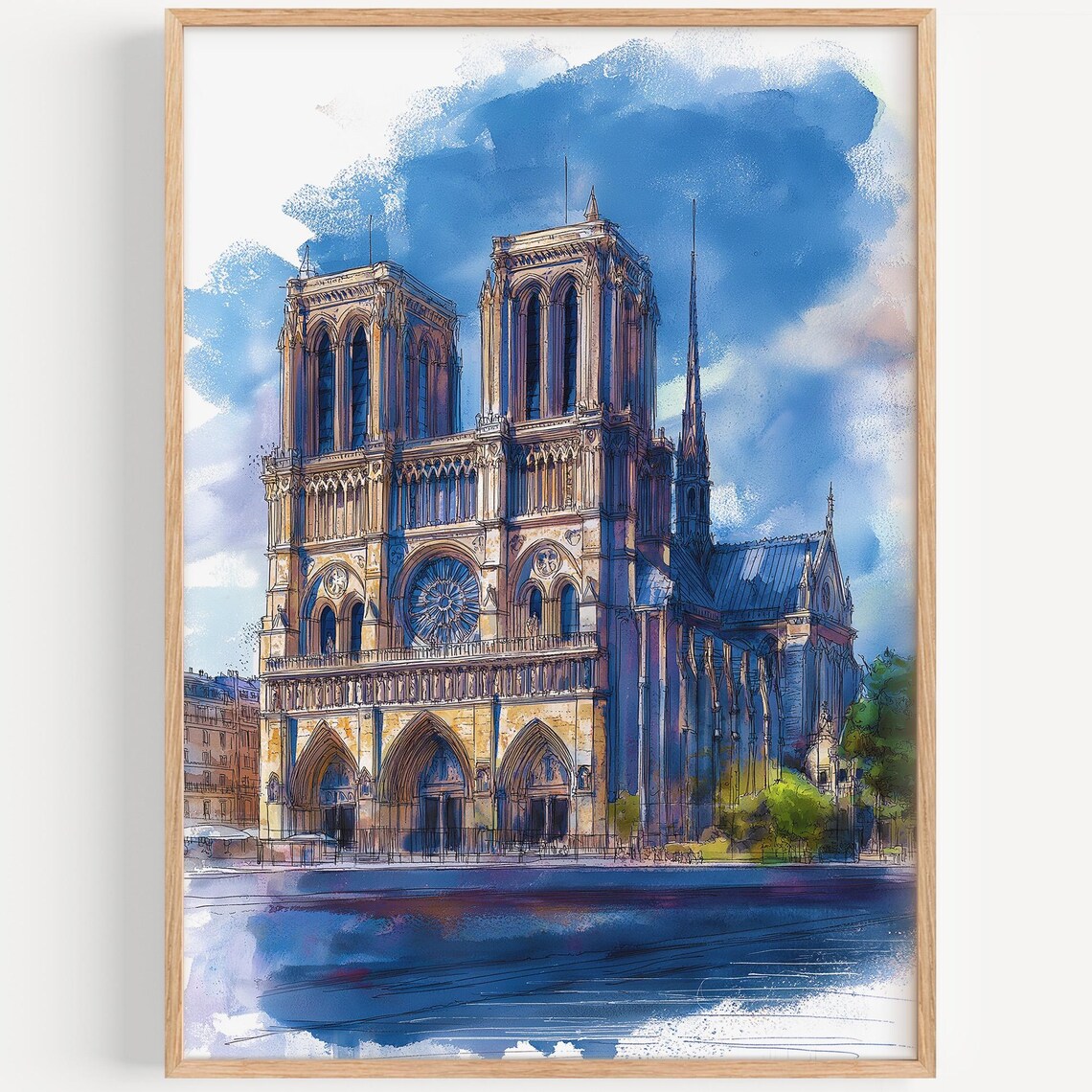 Notre Dame Paris Gothic Cathedral Watercolor Landmark Art Print