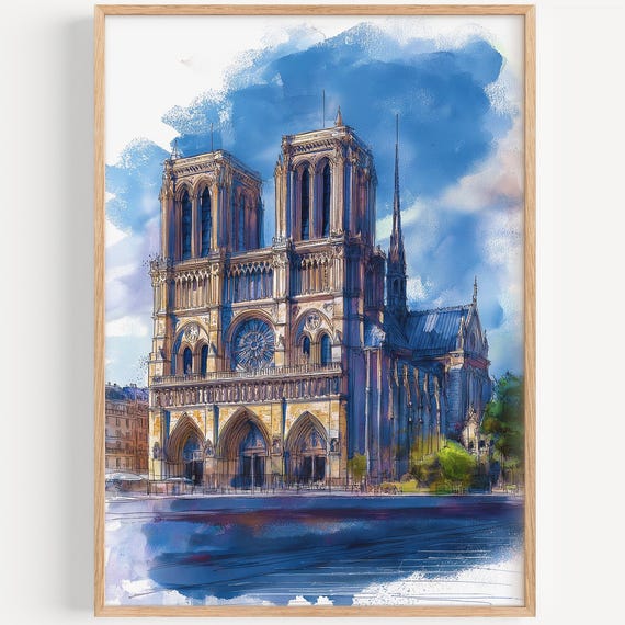 Notredame Watercolor Painting Wall Art Print Paris Travel Poster France Decor Illustration Home