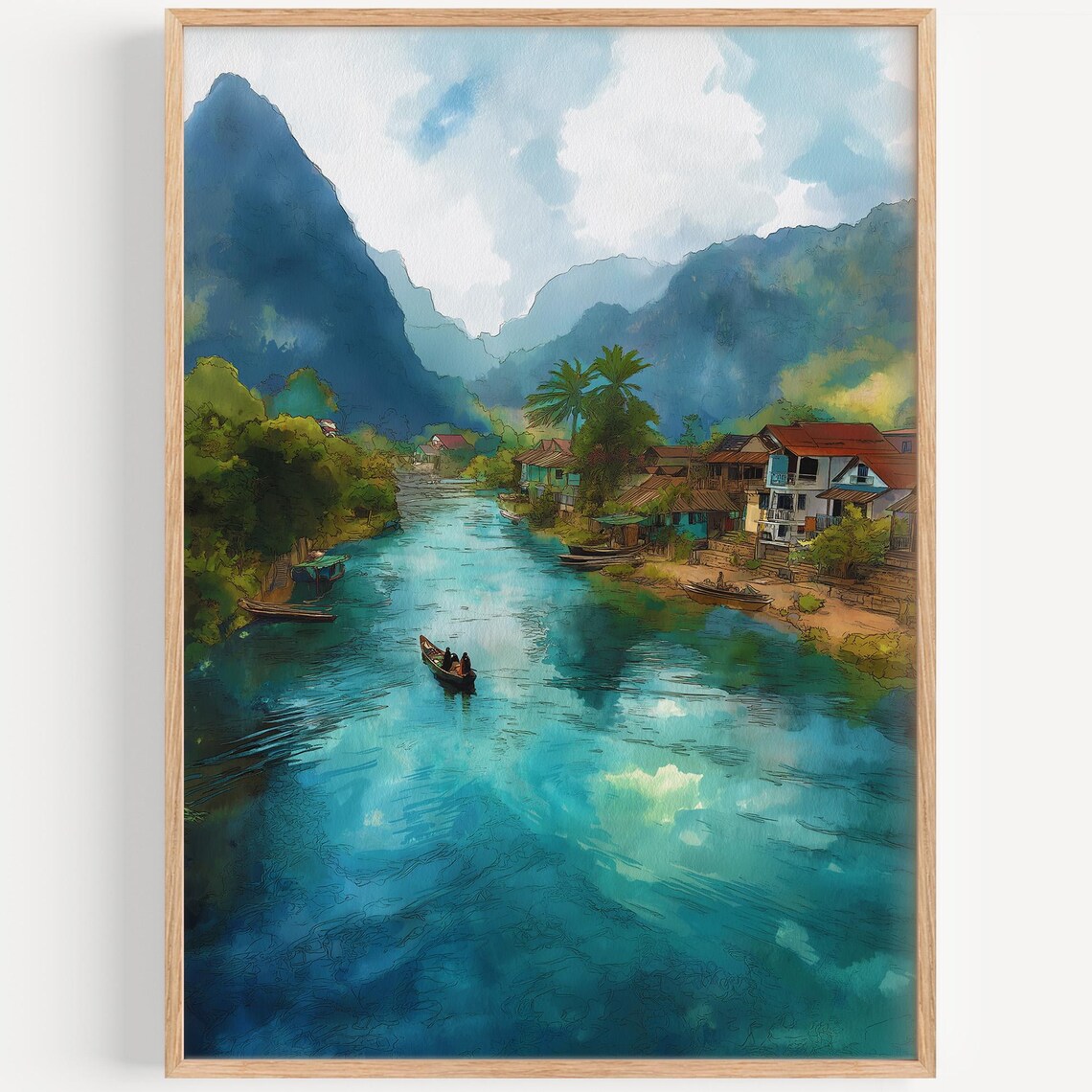 Vang Vieng Laos Misty River Village Mountains Watercolor Travel Poster