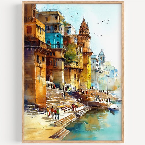 Varanasi Watercolor Painting Wall Art Print India Travel Poster Decor Illustration Home