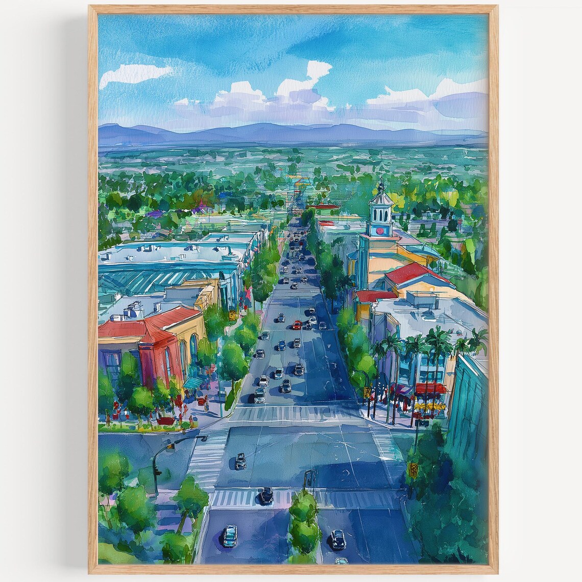 Anaheim California Street Scene With Clock Tower Watercolor Art Poster