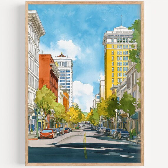 Portland Watercolor Painting Travel Poster, Oregon