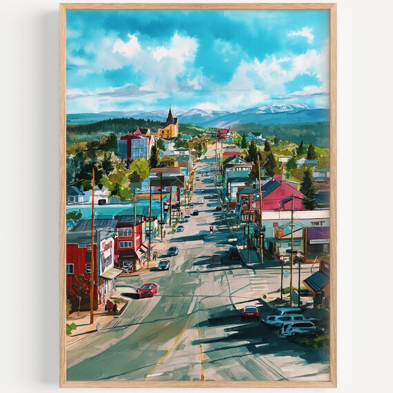 Mountain Town Main Street Watercolor Painting Shops Church Wall Art
