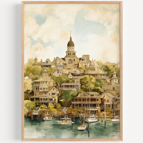 Newport Harbor Sailboats Victorian Houses Watercolor Art Travel Print