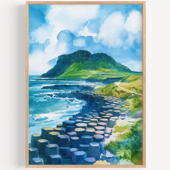 Giants Causeway Watercolor Painting Wall Art Print Travel Poster Decor Illustration Home