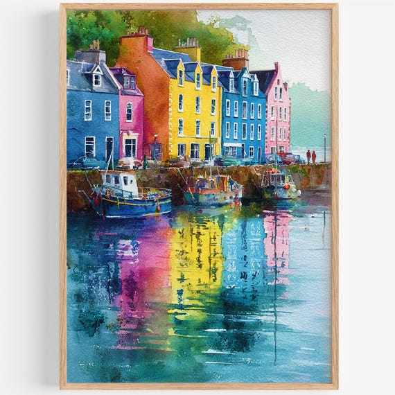 Tobermory Watercolor Painting Wall Art Print Travel Poster Scotland Decor Illustration Home