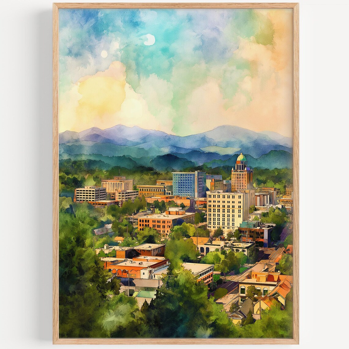 Asheville North Carolina Skyline With Blue Mountains Watercolor Art Poster