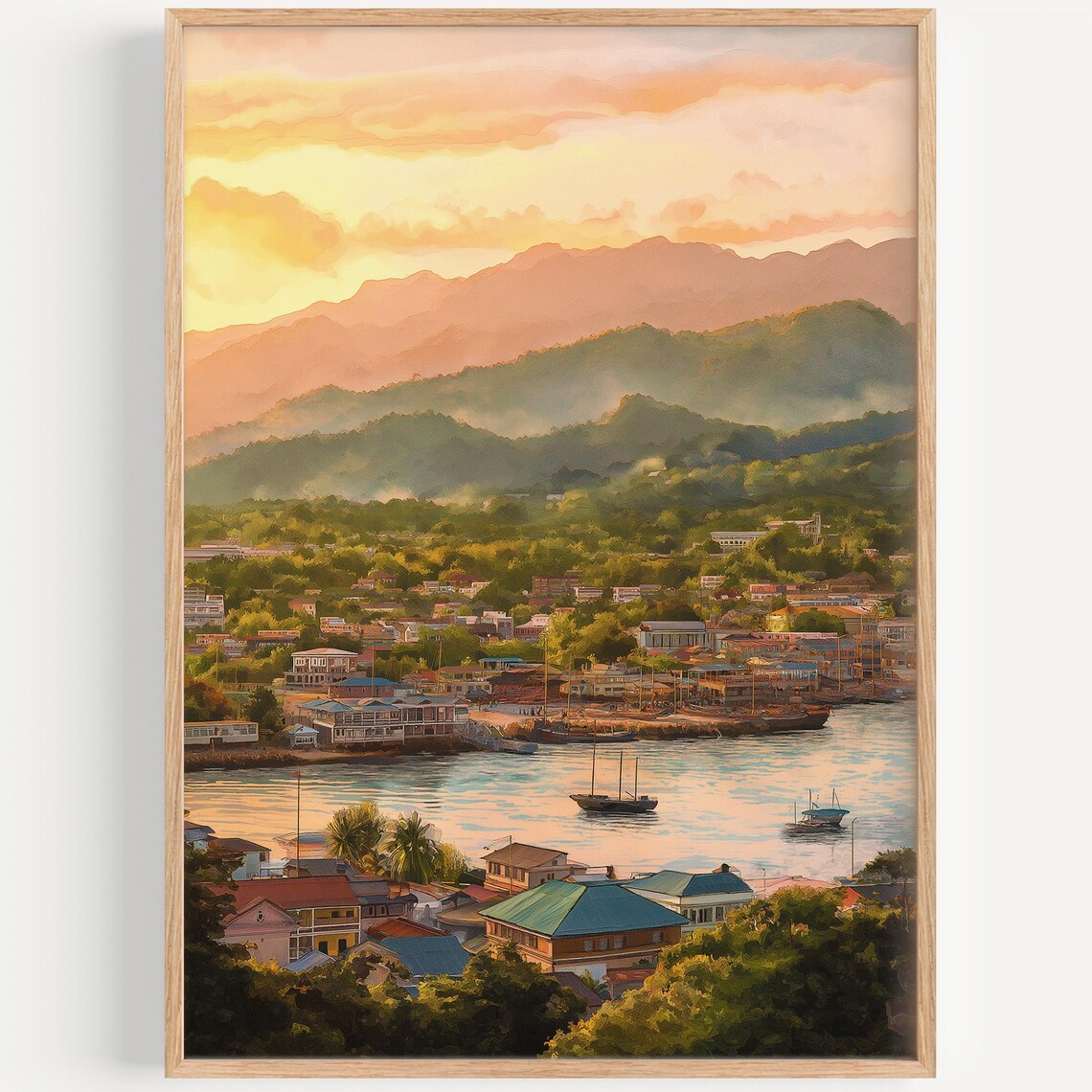 Kingston Jamaica Harbor Sunset Watercolor Mountain Coastline Travel Poster