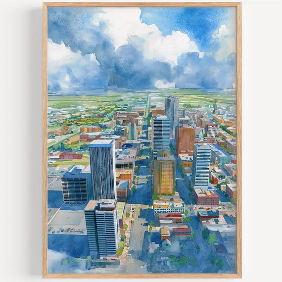 Oklahoma City Watercolor Painting Wall Art Print Travel Poster Decor Illustration Home