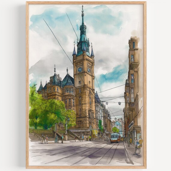 Stuttgart Watercolor Travel Poster, Germany Decor