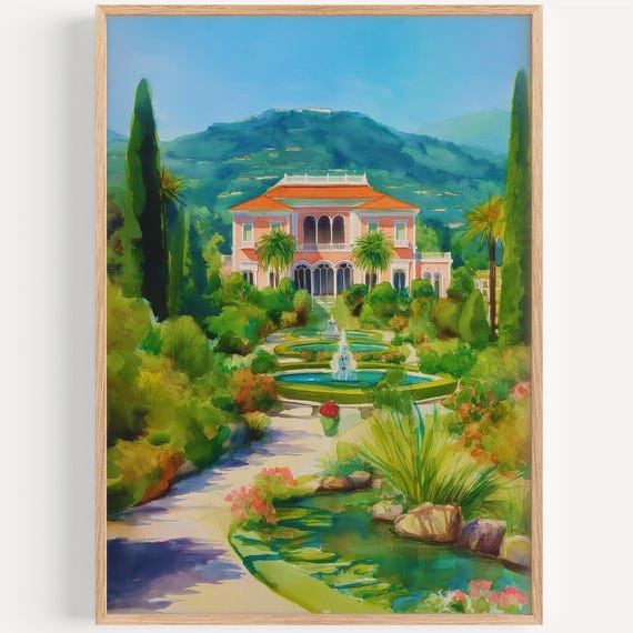 Villa Ephrussi De Rothschild Watercolor Painting Wall Art Travel Poster Print Decor Illustration Home