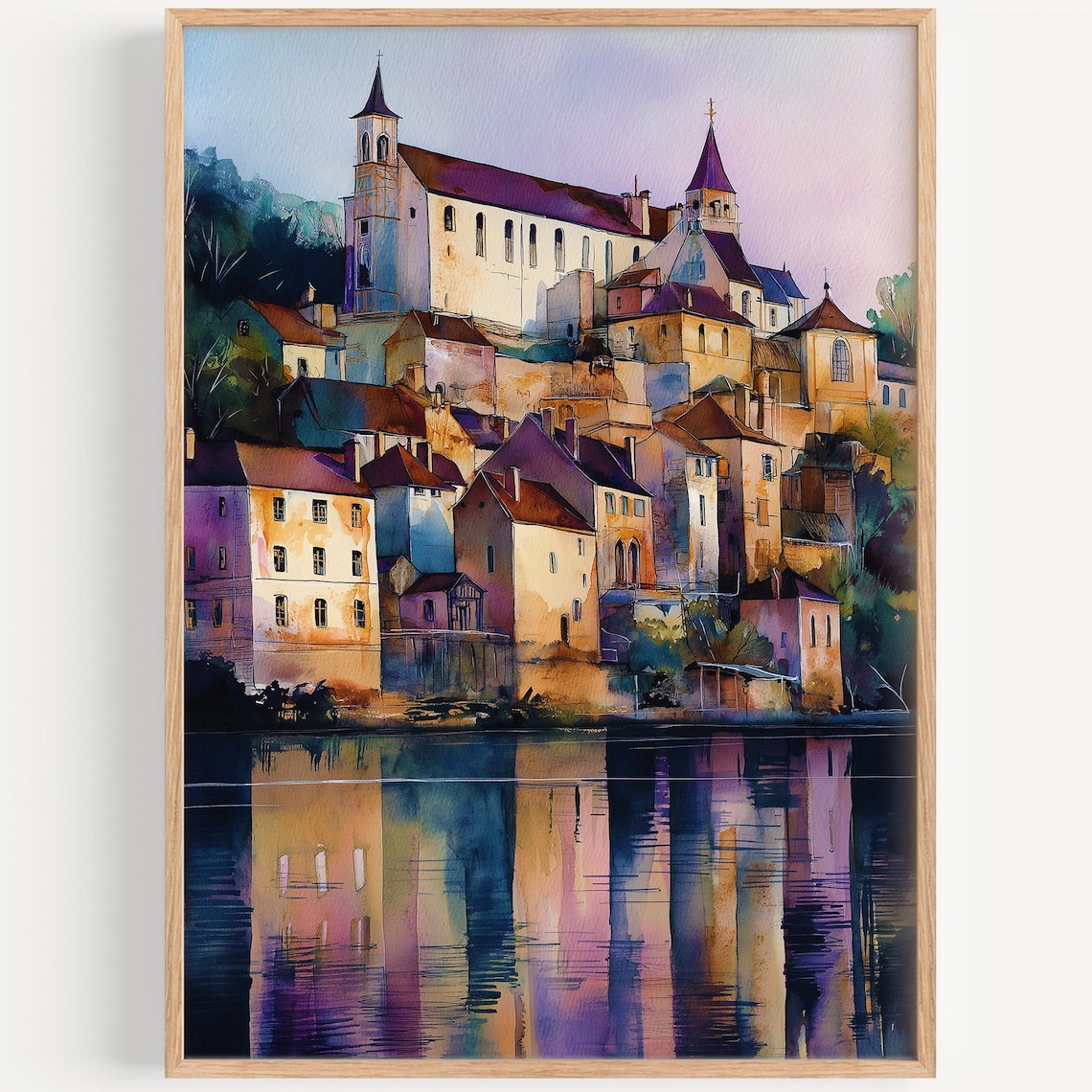 Loire Valley France Watercolor Hilltop Church Village River Reflection Poster