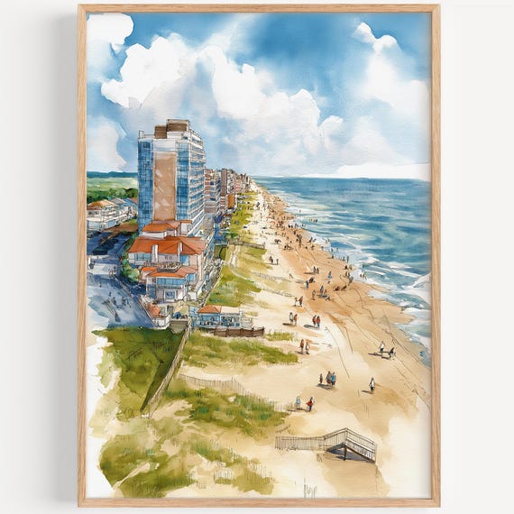 Virginia Beach Watercolor Painting Wall Art Print Travel Poster Decor Illustration Home