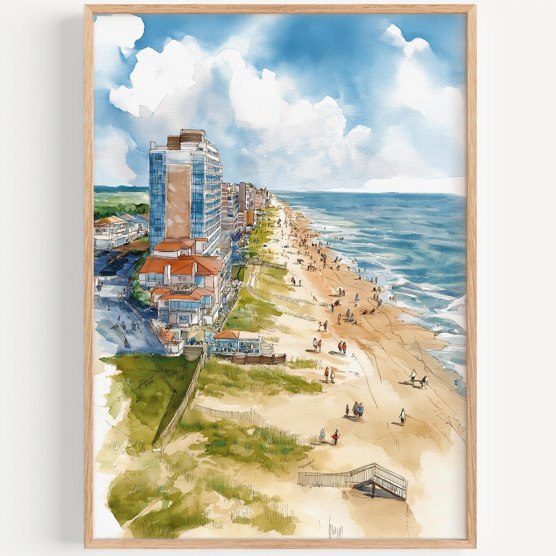 Aerial Beach Watercolor Painting Seaside Hotels Sand Ocean Wall Art