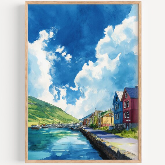 Vibrant Colorful Nordic Fishing Harbor Town Watercolor Poster
