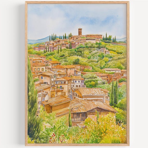 Perugia Watercolor Painting Wall Art Print Travel Poster Italy Decor Illustration Home