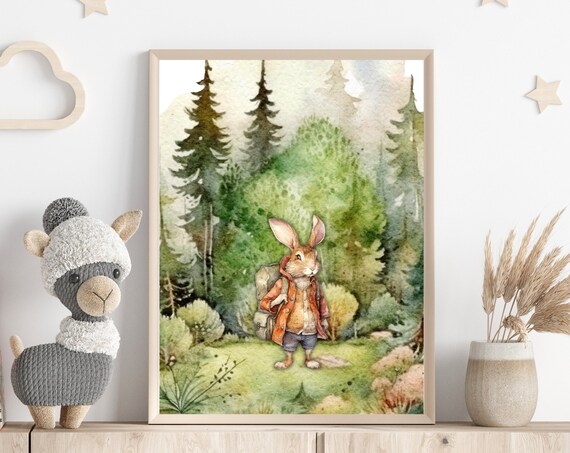 Bunny Hiker Explorer in an Orange Jacket Forest Nursery Poster