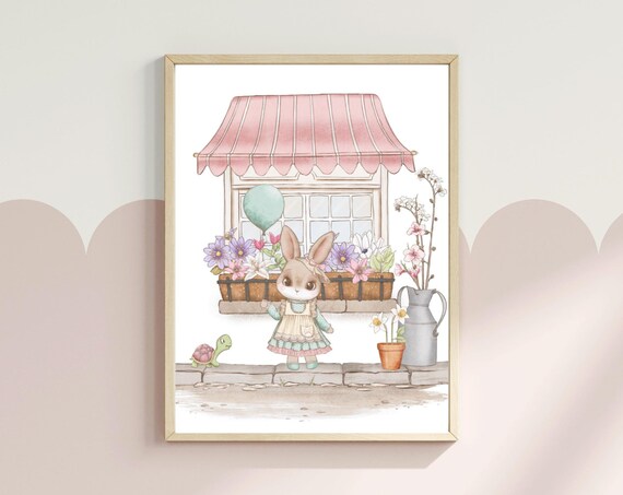 Bunny Girl At Flower Shop Pink Awning Watercolor Nursery Art Poster