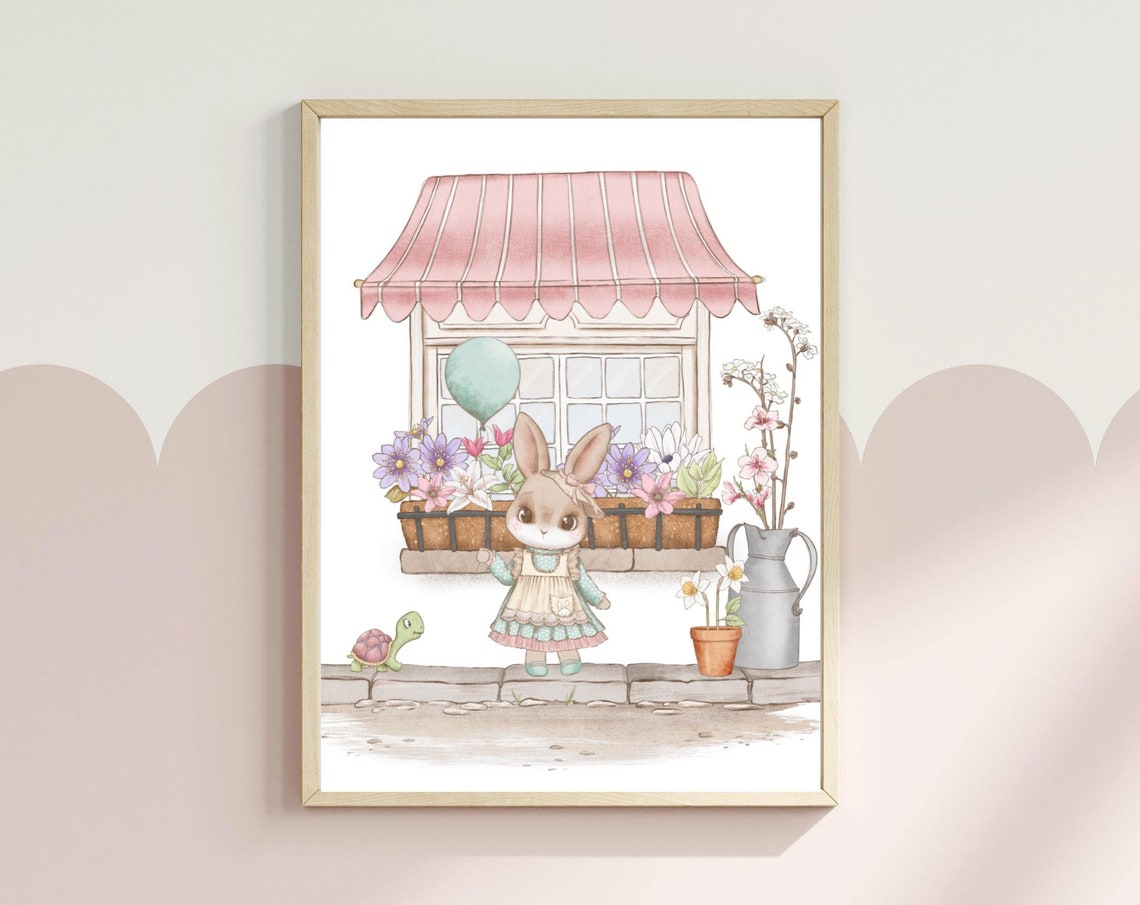 Flower Shop Girls Room Watercolor Bunny Print Fairytale Village Nursery Art Storybook Style Flower Shop Scene Girl Nursery