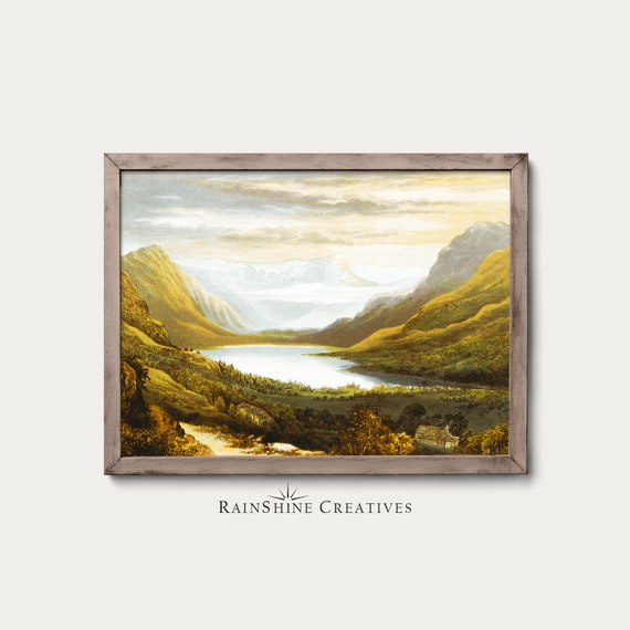 Vintage English Lake And Mountains Landscape Oil Painting 130