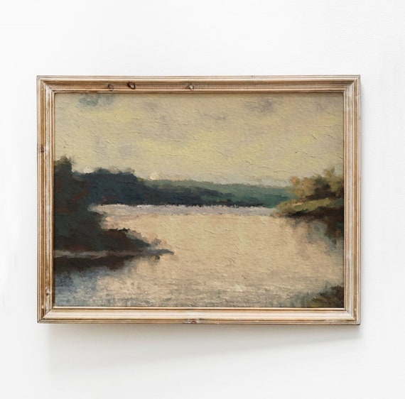 Vintage Lake Landscape Painting Moody Country Wall Art