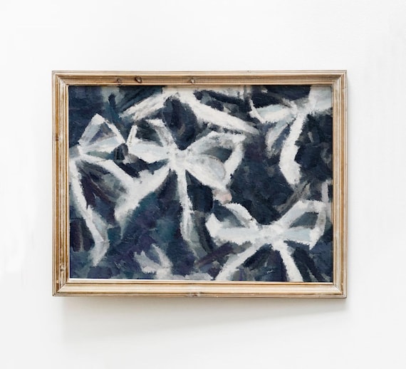 White Bow Abstract Navy Coquette Vintage Oil Painting Poster