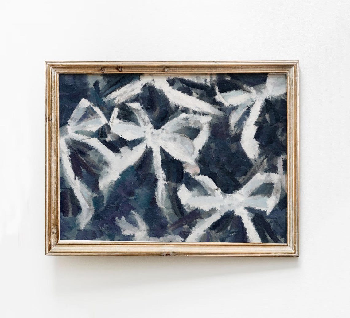 White Bow Abstract Navy Coquette Vintage Oil Painting Poster