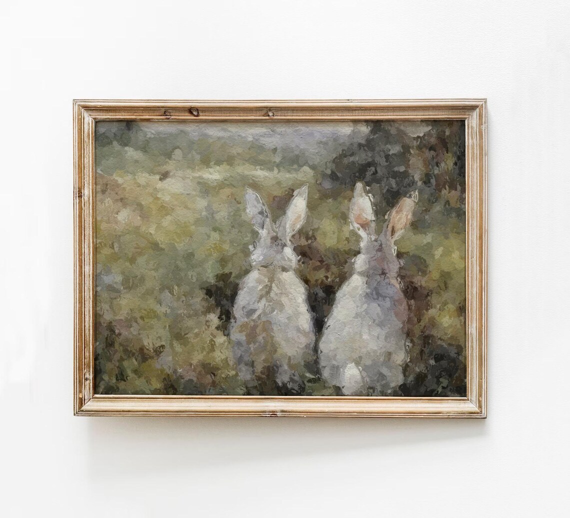White Rabbits in Meadow Bunny Friends Painterly Sweet Art Print