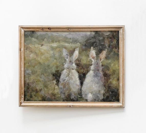 Moody Bunny Print Bunnies In Field Painting Rabbit Meadow Girl Nursery Wall Art Kid Room Decor Cute Easter Abstract