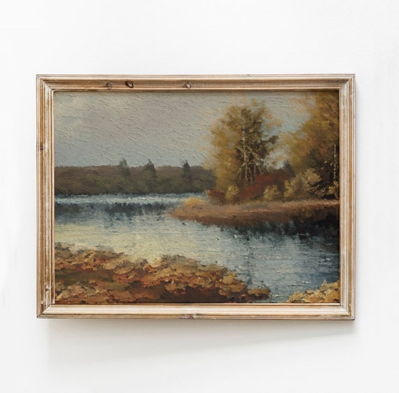 Vintage Fall Lake Painting Moody Landscape Art Print