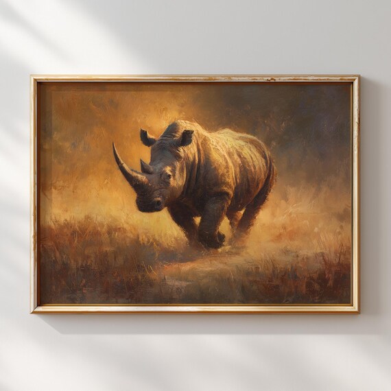 Rhino Wall Art Powerful Wildlife Print Safari Animal Painting African Poster Rustic Nature Decor Wild