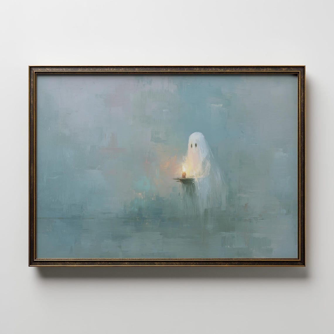 Cute Ghost Holding Candle Minimalist Halloween Oil Painting Poster