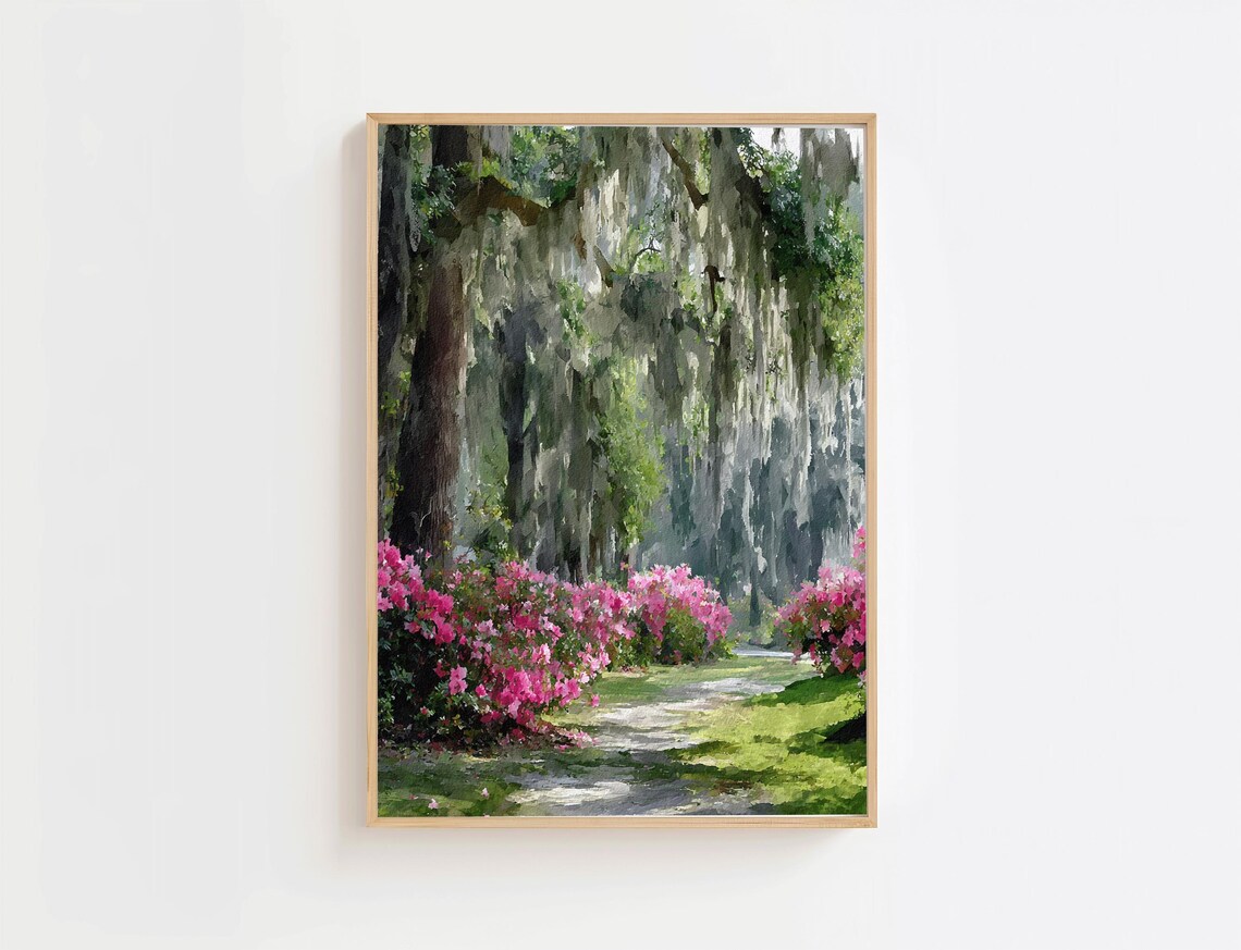 Savannah Garden Path Watercolor Pink Azaleas Spanish Moss Landscape Art Poster