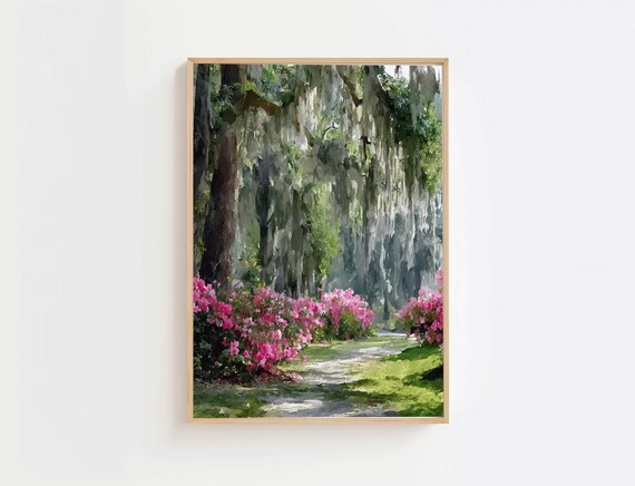 Savannah Garden Path Watercolor Pink Azaleas Spanish Moss Landscape Art Poster