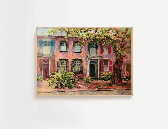 Historic Brick Townhouse Street Oil Painting Southern Home Decor Art Poster