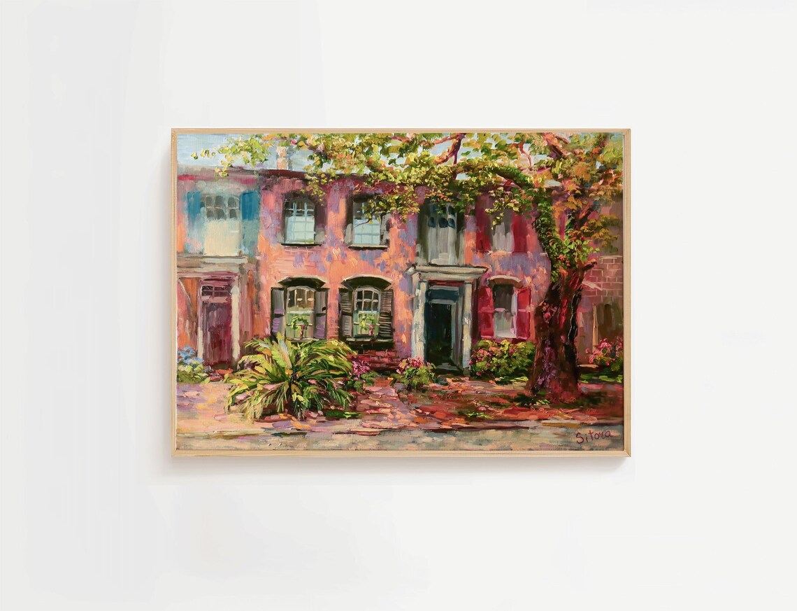 Historic Brick Townhouse Street Oil Painting Southern Home Decor Art Poster