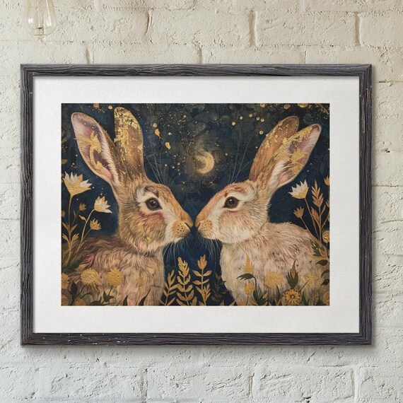 Framed Two Hare Folk Art Print Rabbit Nature Illustration Witchy Celestial Southwestern Cottagecore Dark Gold Colours Moonlit Night Love