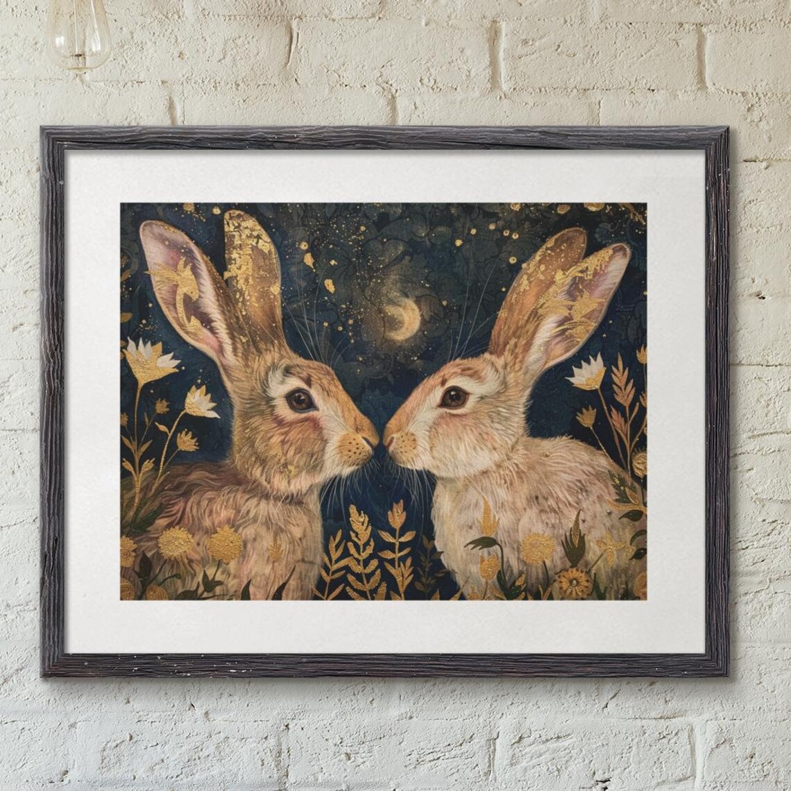 Two Hares Moonlit Night Golden Flowers Folk Art Rabbit Poster