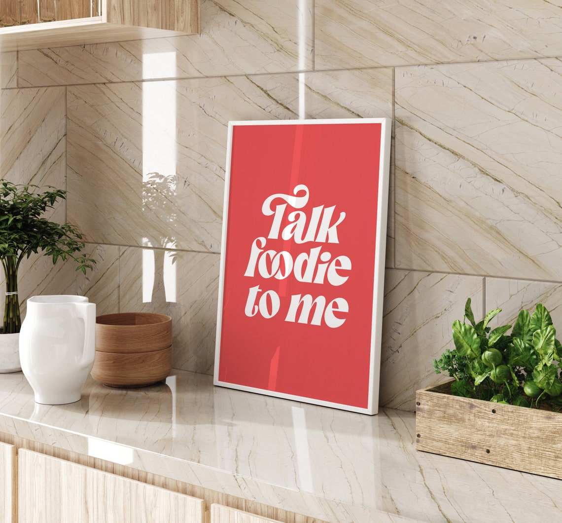 Talk Foodie To Me Cream Script On Coral Red Kitchen Quote Poster - Image 2