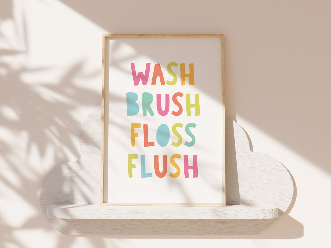 Wash Brush Floss Flush Rainbow Kids Bathroom Routine Habit Poster - Image 2