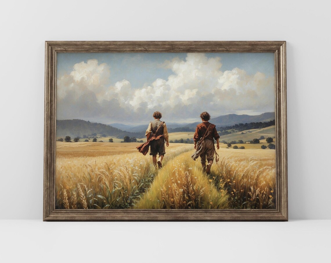 Frodo and Sam Crossing Golden Wheat Field Shire Fantasy Poster