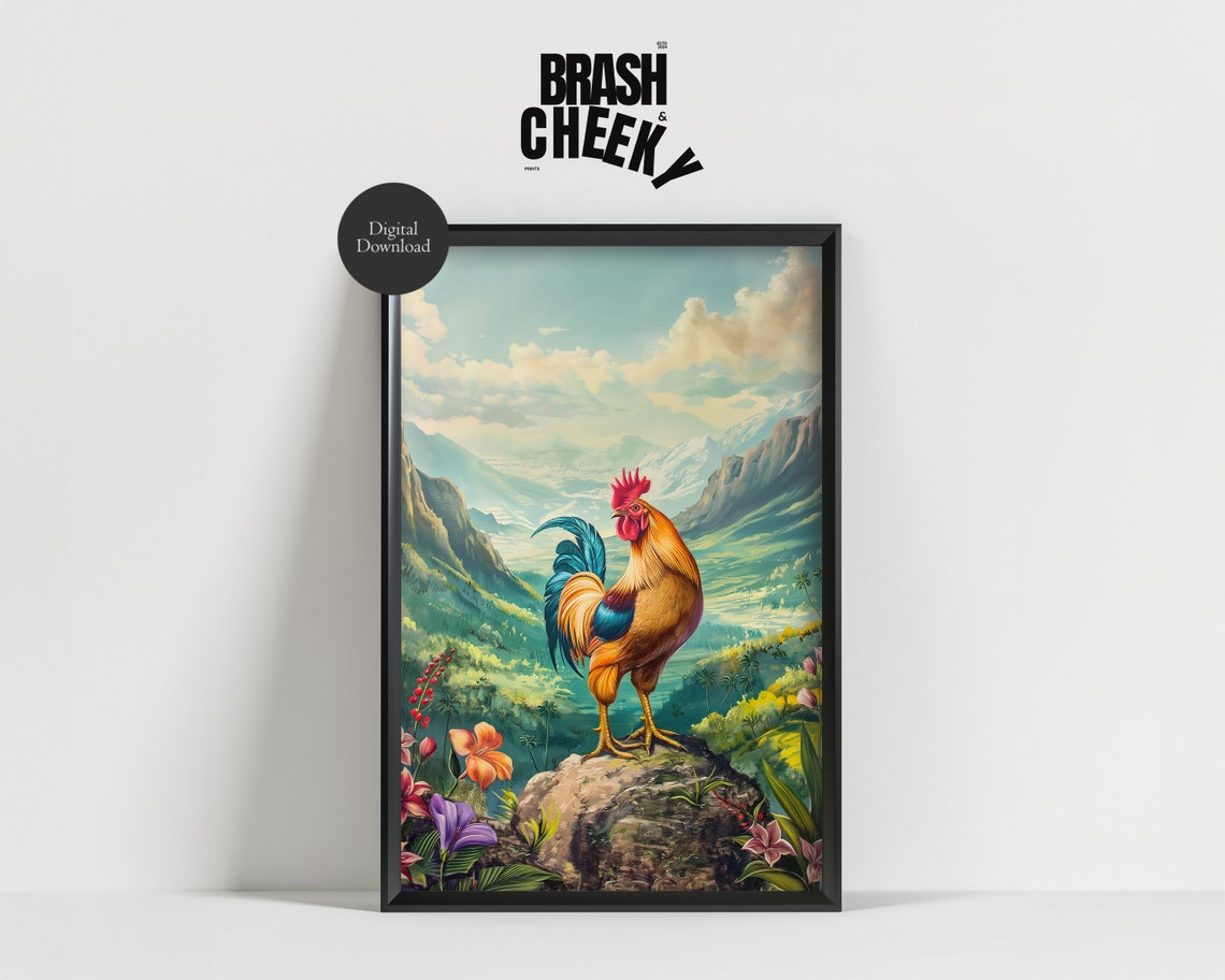 Colorful Rooster on Rocky Peak Tropical Mountain Valley Wall Art