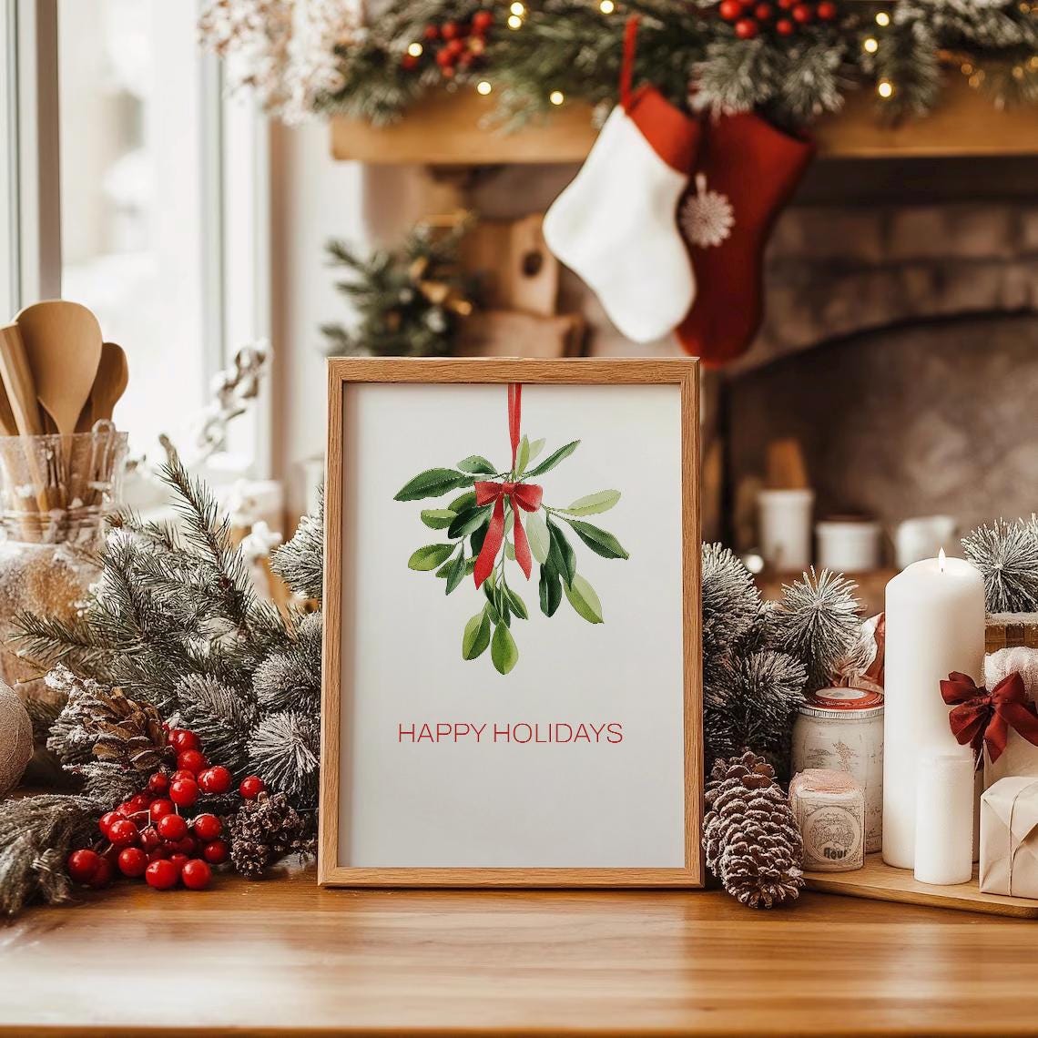 Happy Holidays Mistletoe With Red Bow Botanical Watercolor Print - Image 3