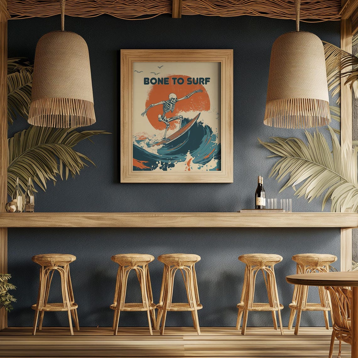 Bone to Surf Skeleton Surfing Retro Sunset Wave Halloween Wall Art - Image 3