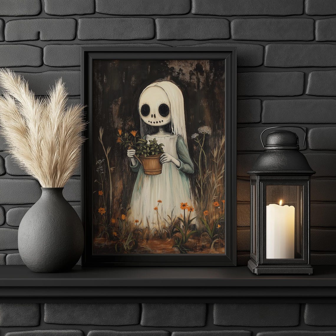 Ghost Girl With Skull Face Holding Flowers Dark Garden Poster - Image 2