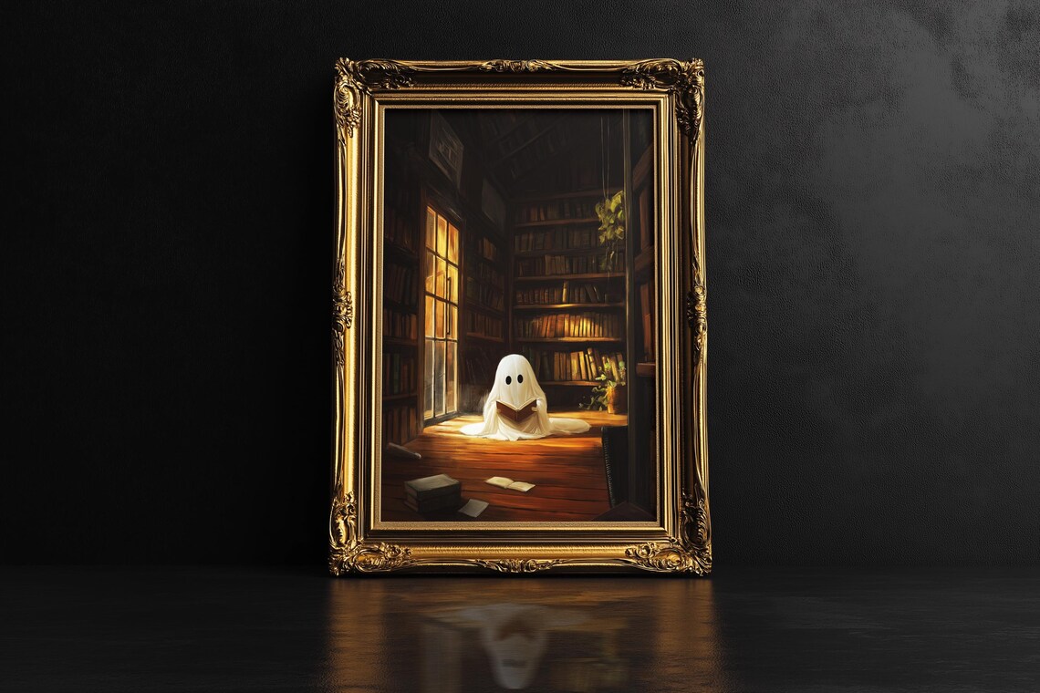 Ghost Reading A Book In The Library Halloween Print Cute Fall Ghost Wall Art Bookworm Ghost - Image 3