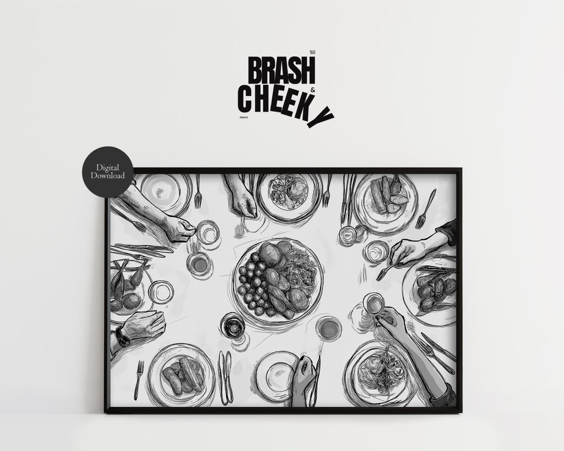 Family Dinner Table Sketch Black and White Dining Room Print - Image 3