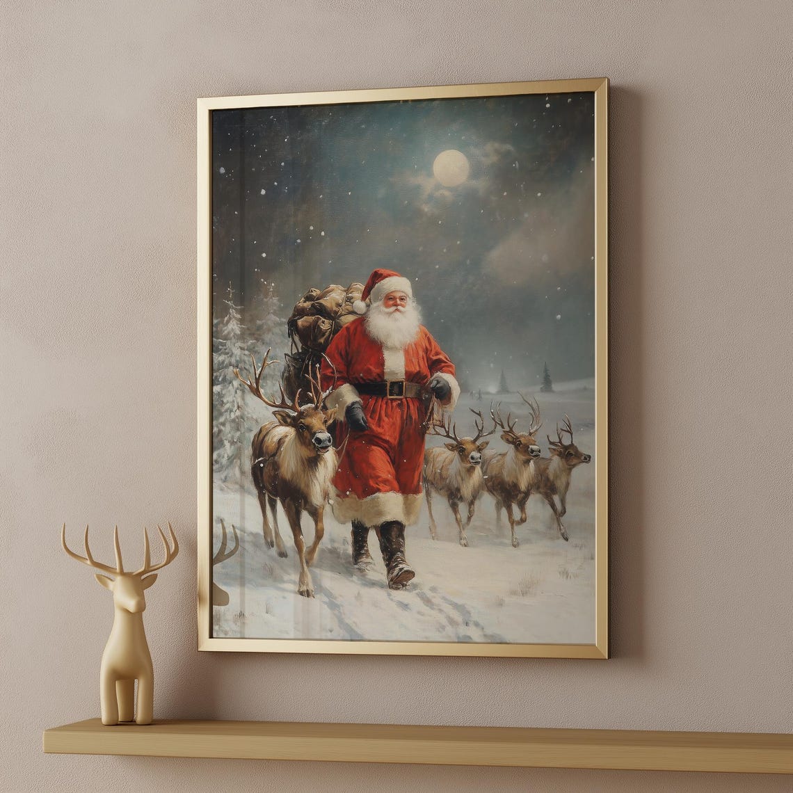 Vintage Santa Claus With Reindeer Under Full Moon Snowy Night Print